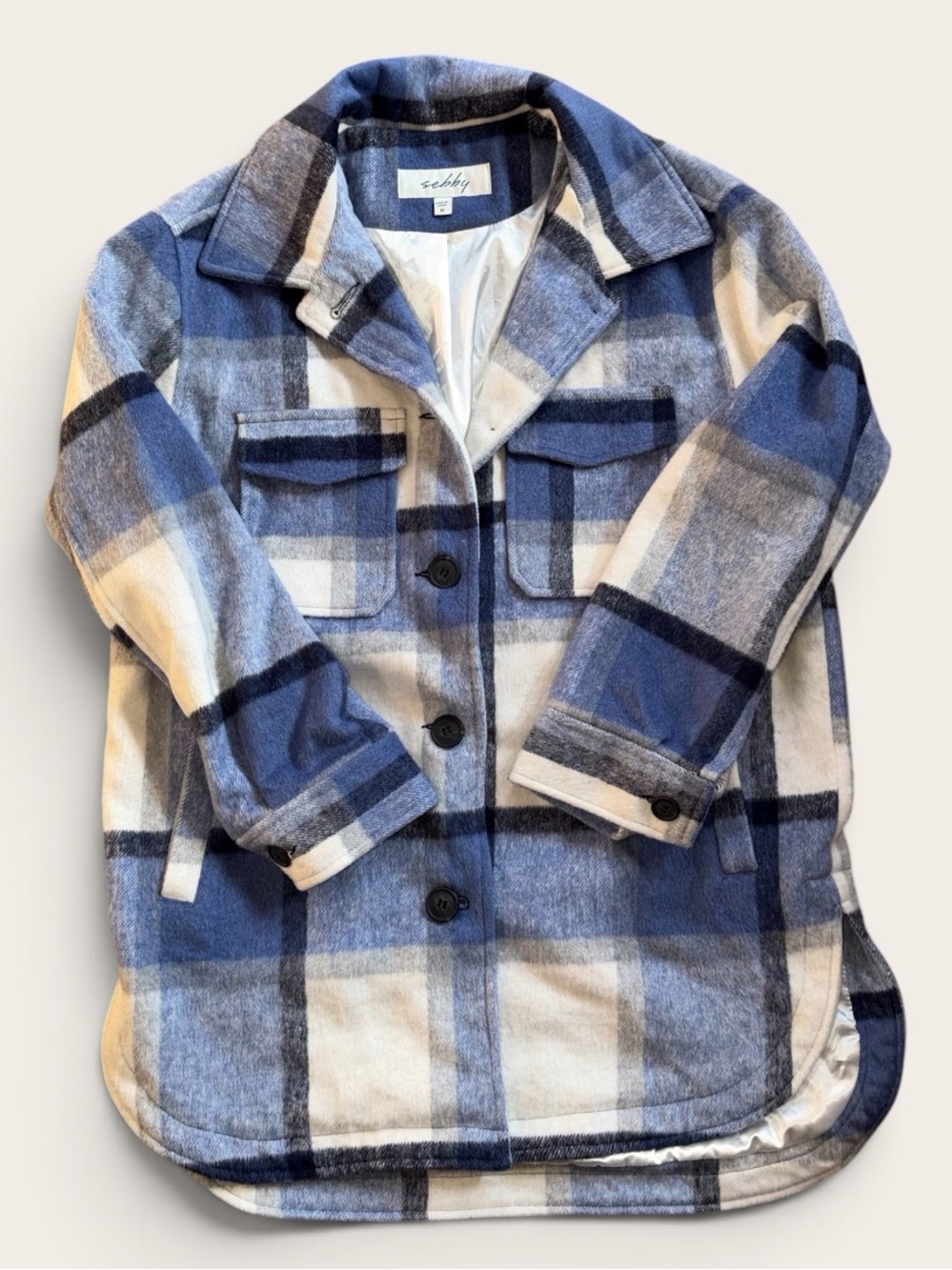 Sebby Women’s Blue Plaid Wool Blend Shacket Lined Oversized Button Front Jacket